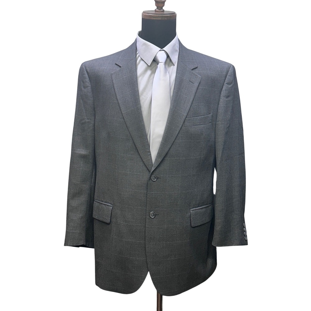 Jos A Bank Blazer Jacket Mens 44R Gray 100% Wool Windowpane Sport Coat Corpcore